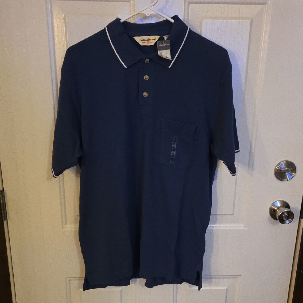 Eddie Bauer Medium Blue Polo Shirt with White Trim NWT Size Medium